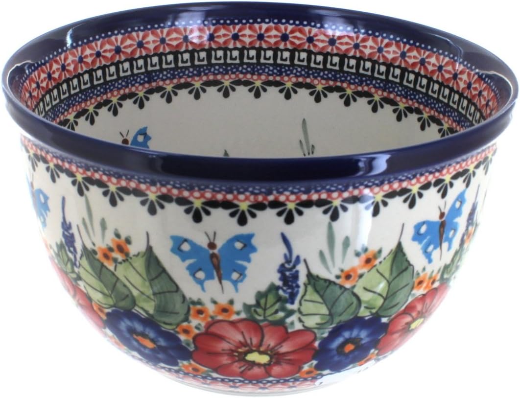 Blue Rose Polish Pottery - Green Seaside Swirl Medium Mixing Bowl - 8 Cup Capacity - Polish Pottery Ceramic Bowl for Baking, Mixing & Serving