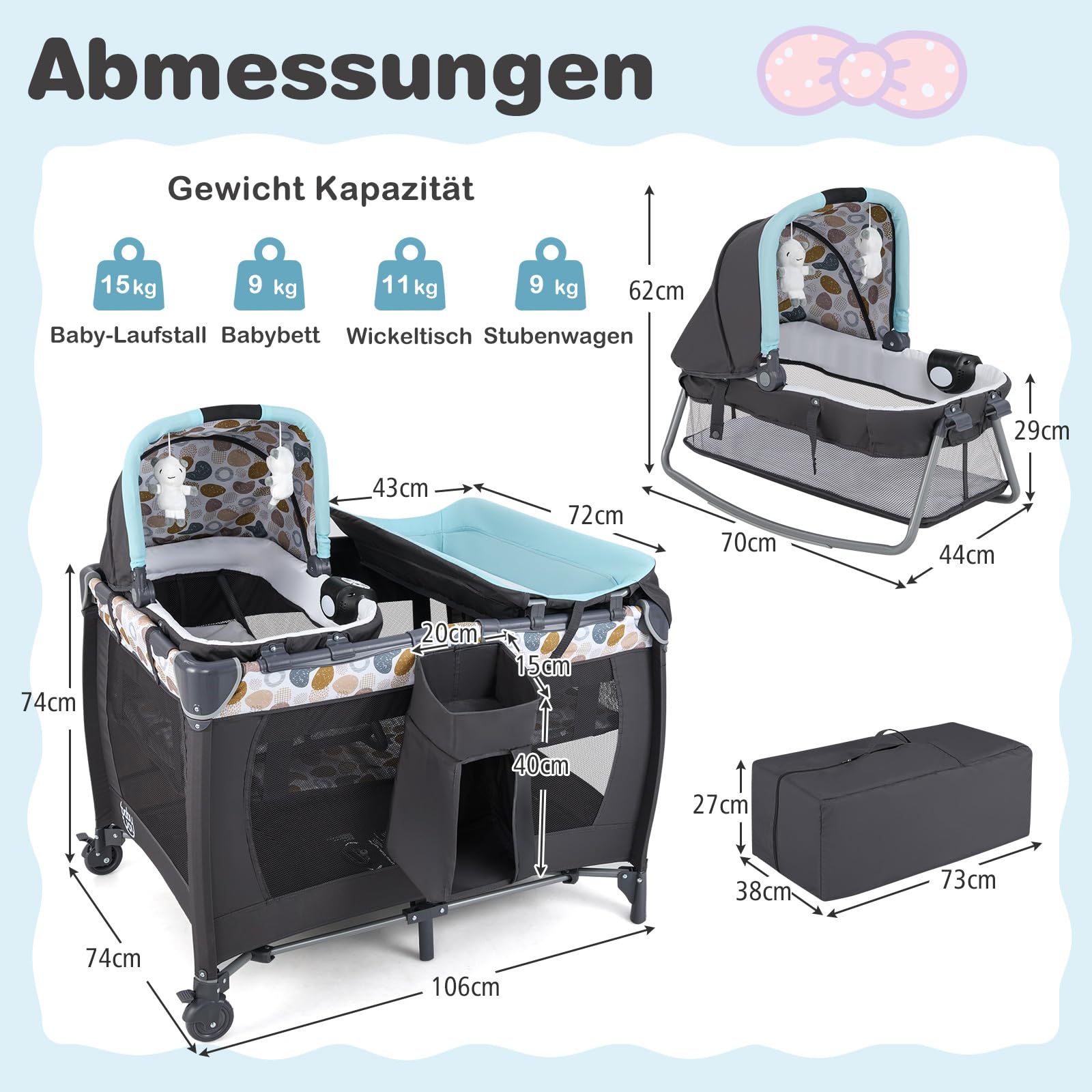 COSTWAY 5 in 1 Beistellbett Baby, Reisebett mit Matratze, Kinderreisebett inkl. Wickelauflage, Babywiege & Spieluhr, Stubenwagen mit Rollen, Babybett für Baby bis 36 Monaten (Blau Punkt)