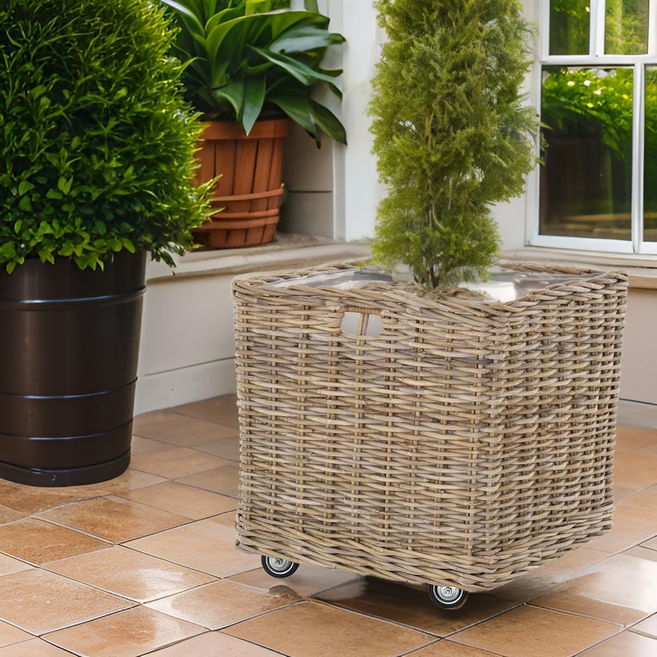 Pflanzkorb eckig gro Rattan XXL Pflanzkbel Blumentopf mit Rollen Rollkorb  Rattankorb Grau Natur: Amazon.de: Garten