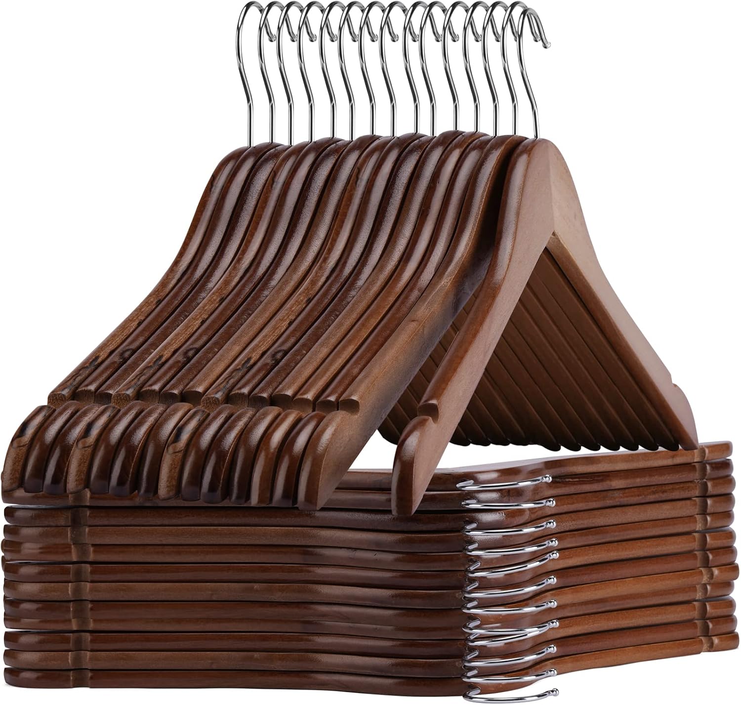 Wooden Hangers 20 Pack - Sturdy Walnut Hangers for Shirts, Coats & Dresses - Ideal for Laundry & Everyday Use