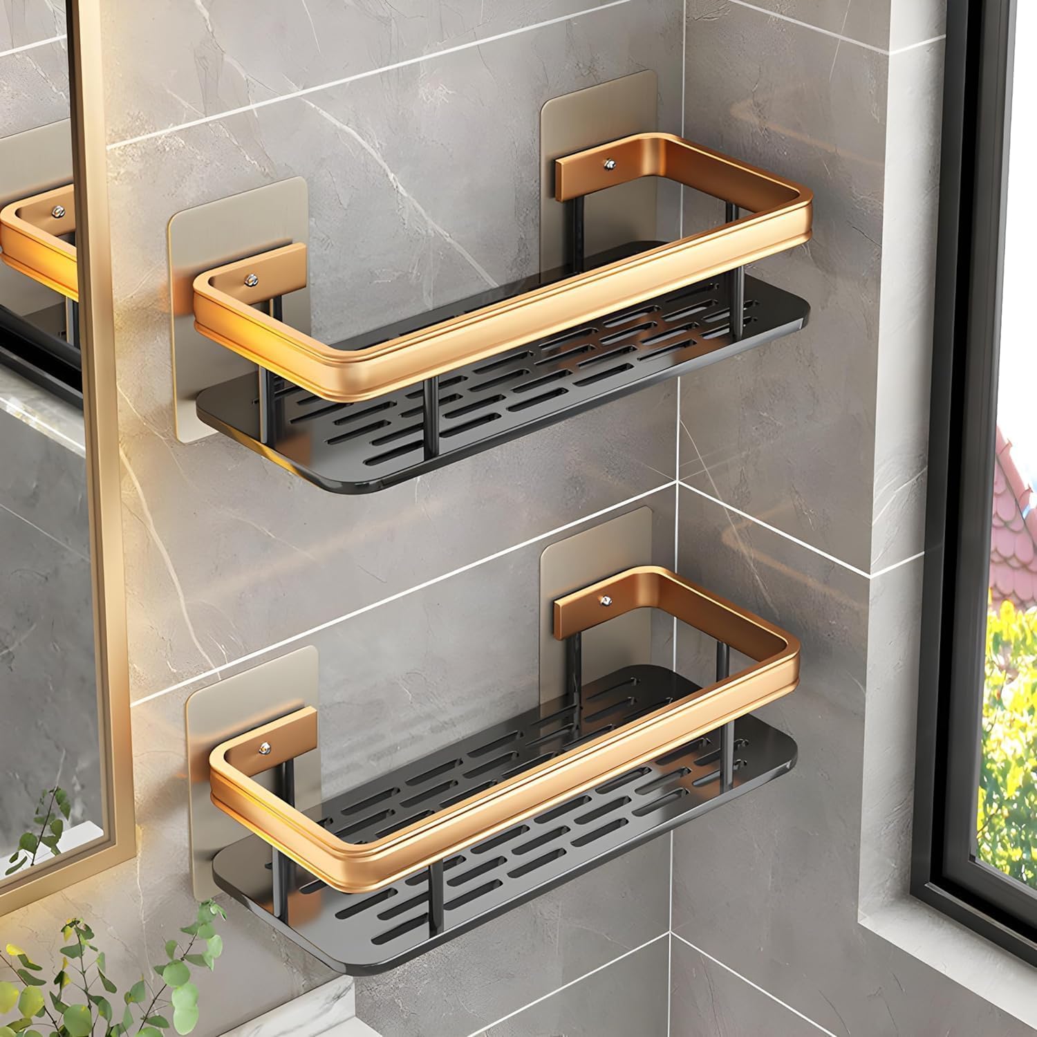 ZEXREL Aluminium Self-Adhesive Multipurpose Wall Mounted Bathroom Shelf and Rack for Bathroom and Kitchen,Space Saving Bathroom Organizer Shelf, Punch Free Wall Shelves, Wall Stand Black - (2)