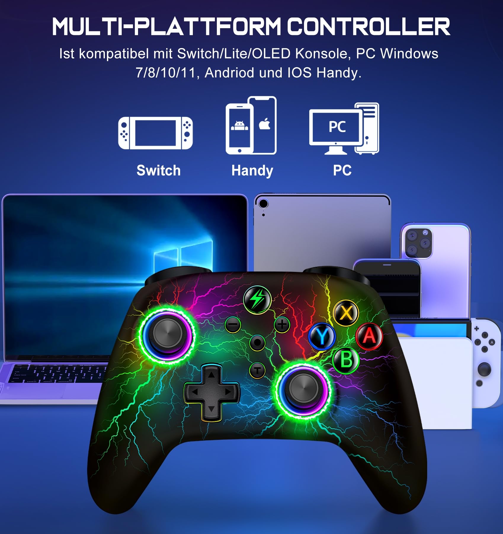 HELLCOOL Kabellos Controller für Switch/Lite/OLED Konsole - Switch Controller mit Cooles RGB Look, Programmierbare/Turbo/Aufwachfunktion, Präzise Joysticks, Dual Motors Vibration