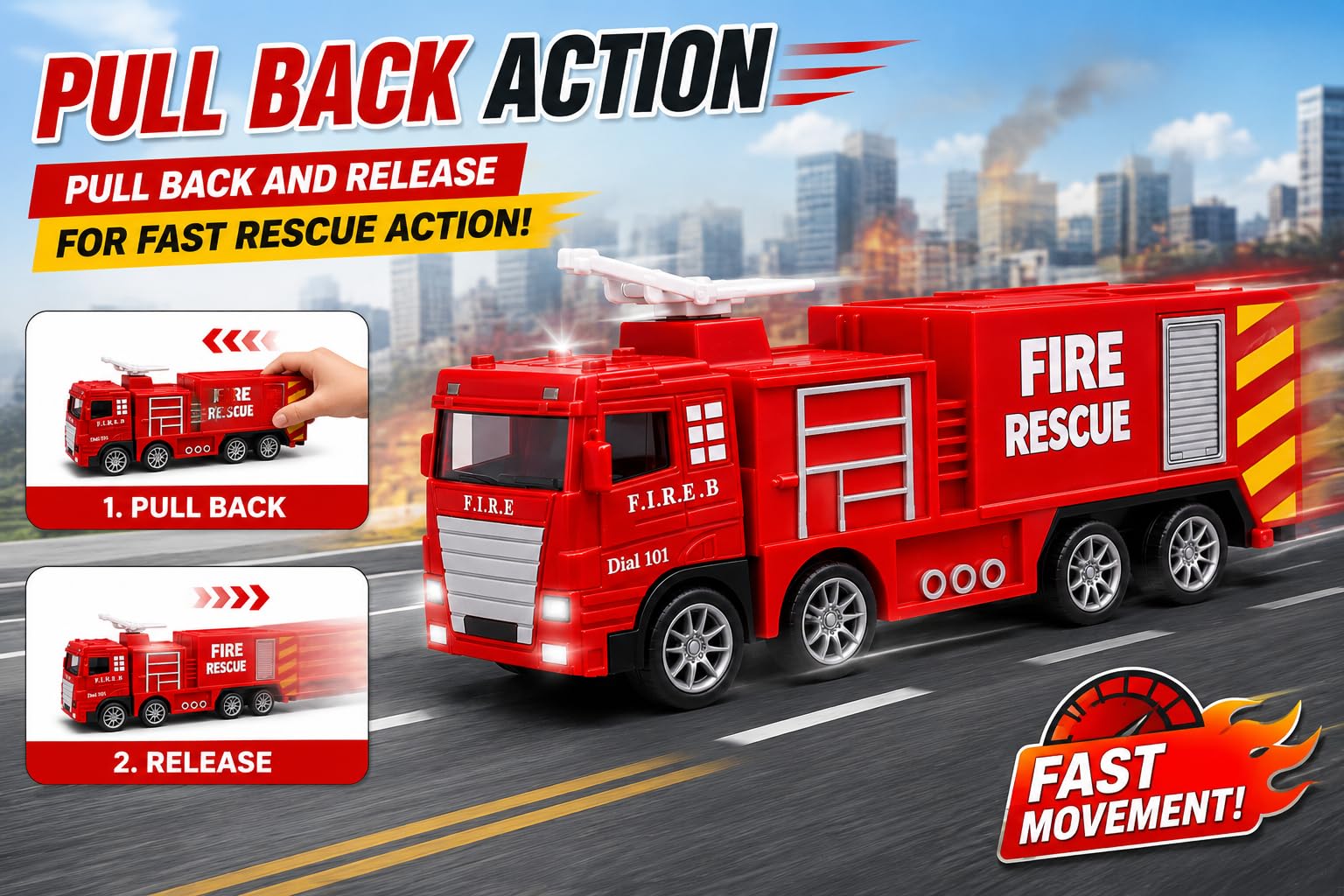 Mini Fire Rescue Truck Toy - Pull Back Fire Engine -2