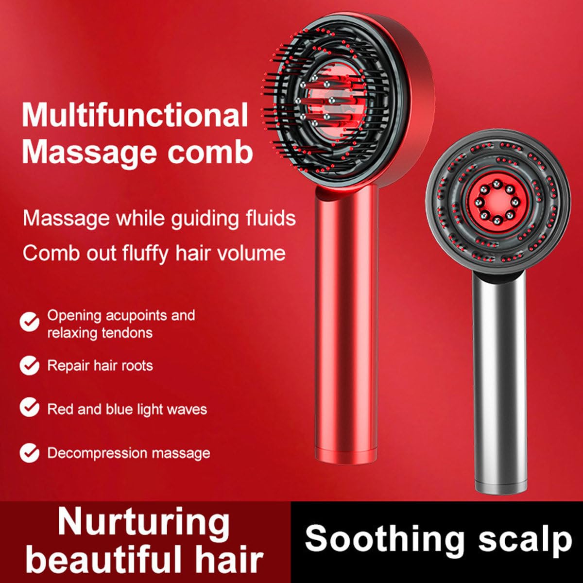 Cepillo Masajeador De Cuero Cabelludo, Masajeador PortáTil Shiatsu Para El Cuero Cabelludo, Aplicador De Aceite Para El Cabello, 3 Modos De Masaje,Tiempo De 10 Minutos, Onda De Luz De 850 Nm,Red