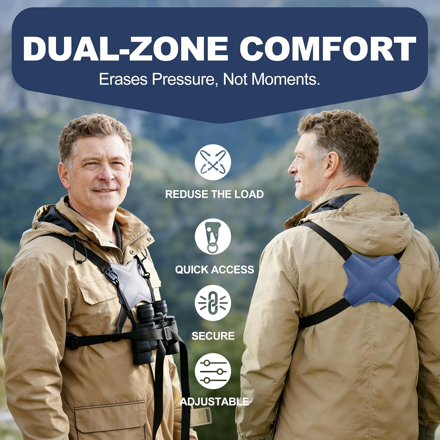 Binocular Harness Strap, New Double-Sided Leather X-shaped Design Adjustable for Hunting, Hiking & Birding, Binocular Harness Fits for Carrying, Cameras, Rangefinders and More