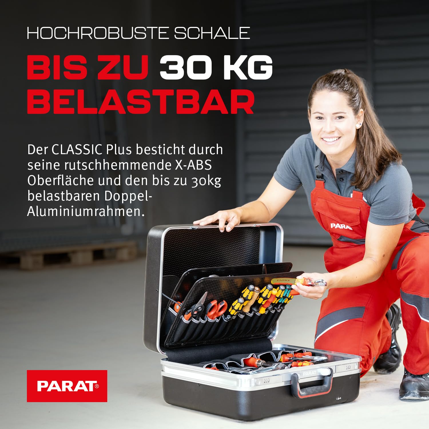 PARAT Classic Plus Safe - Maletín de herramientas con cerradura de combinación para 50 herramientas, incluye funda enrollable básica 8, robusta caja de herramientas con marco de aluminio, caja de