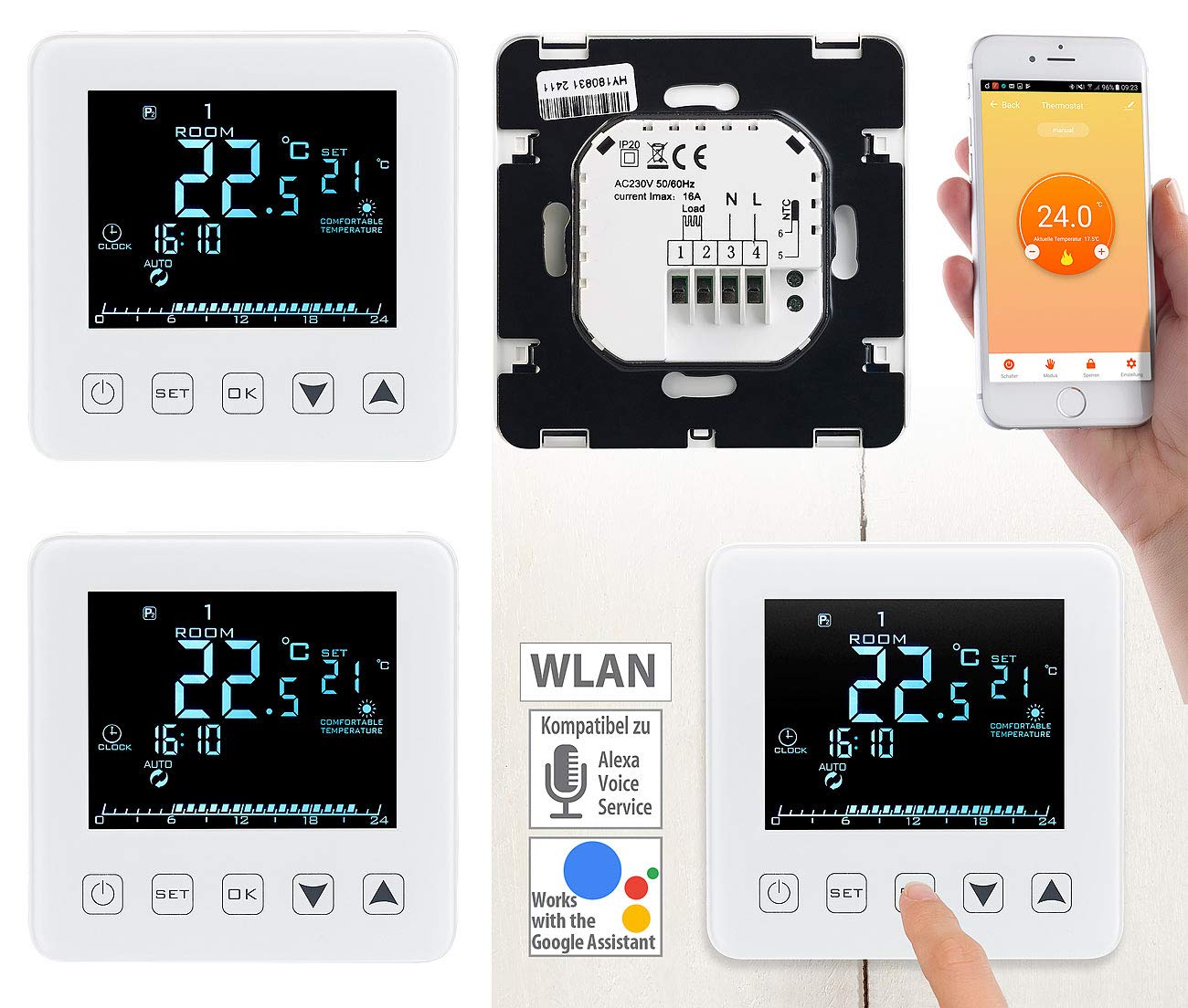 revolt Digital-Thermostat WLAN: 2er-Set WLAN-Thermostate für Fußbodenheizungen, für Siri, Alexa & GA (Heizung Raumthermostat, Steuerungen Fußbodenheizung, Handy)