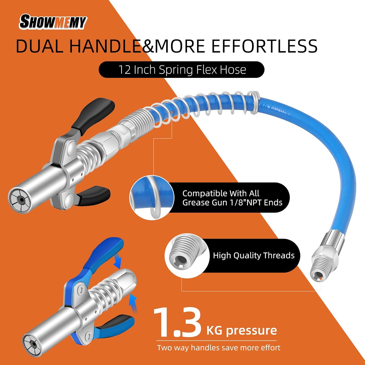 Grease Gun Coupler with 12" Grease Gun Hose & 9 Grease Nipple Nozzles & Zerk Fitting Cleaner, Strong Lock and Quick Release,Compatible with all Grease Gun 1/8"NPT Fitting, Rated 10000PSI
