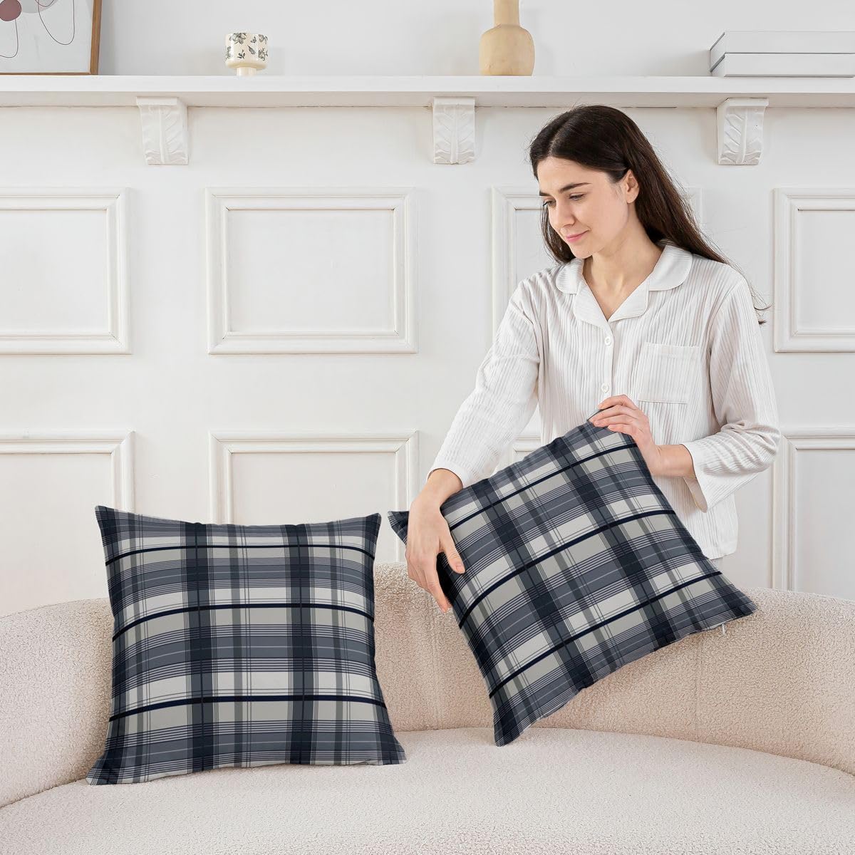 Feelyou Navy Blue Plaid Throw Pillow Covers 1 Pcs 18"x18" image 3