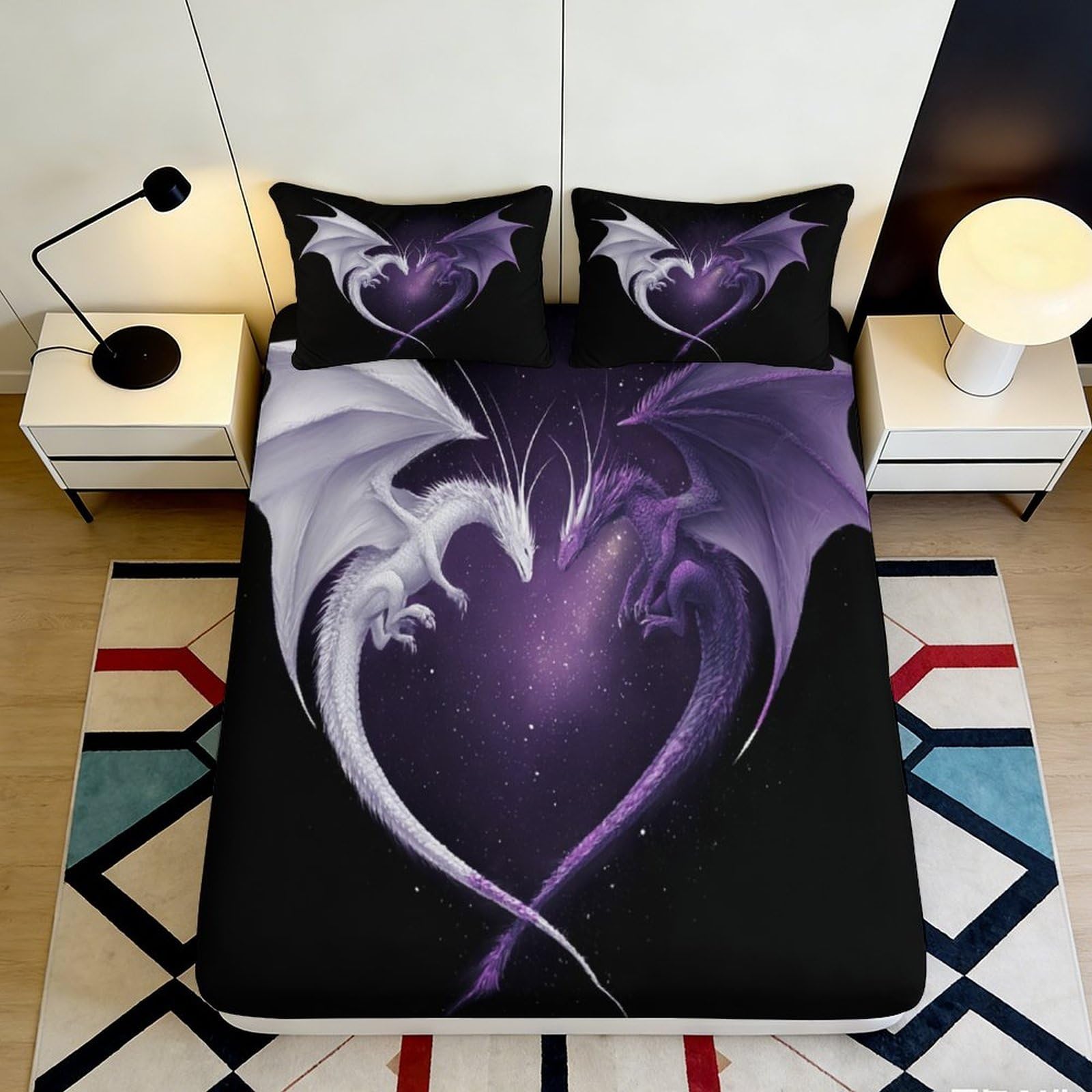 3D Printed Fantasy Dragon Fitted Sheet Microfiber Deep Pocket Bedroom Bedding Decor Magic Dragon Mattress Fitted Cover Non-Slip Washable 140x200x25cm