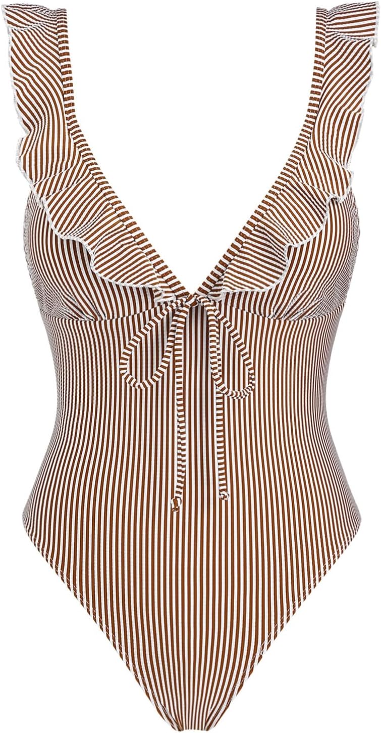 seamoly Vintage Striped Ruffles Trim Tied Plunging Neck One-Piece Swimsuit