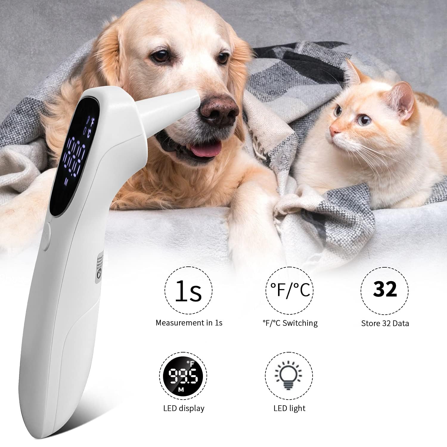 Berührungsloses Haustier-Thermometer, Ohrthermometer für Hunde oder andere Tiere, bequem und schnell. Messen Sie die Temperatur Ihres Haustiers in 1 Sekunde