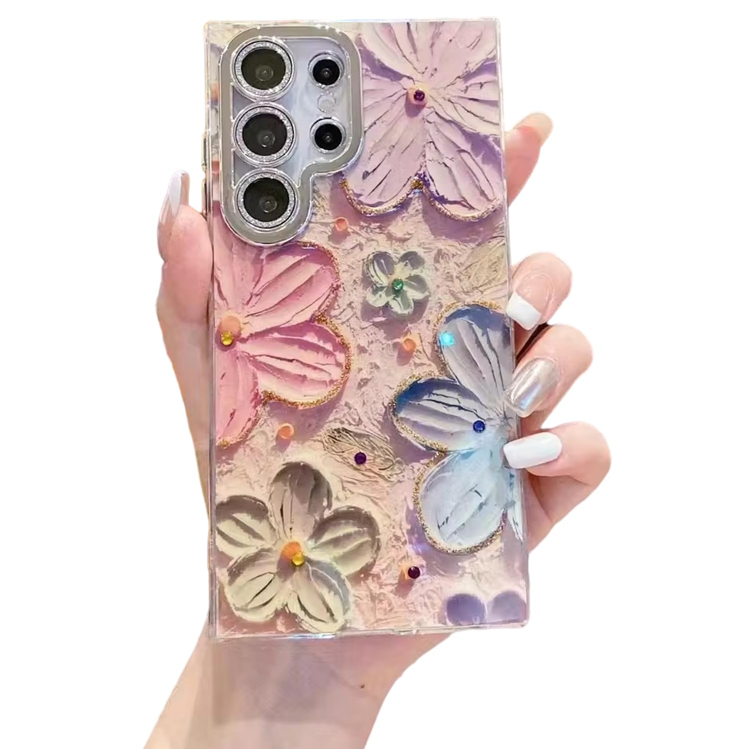Elzzi Compatible with Samsung S24 Ultra Case Laser Flower Oil Painting Cute Colorful Blue Ray Bumper with Full Camera Protection Shockproof PC+TPU Glossy Shiny Cover for Girls Women,Pink (B0D8BR4XRZ) Amazon Price History, Amazon Price Tracker