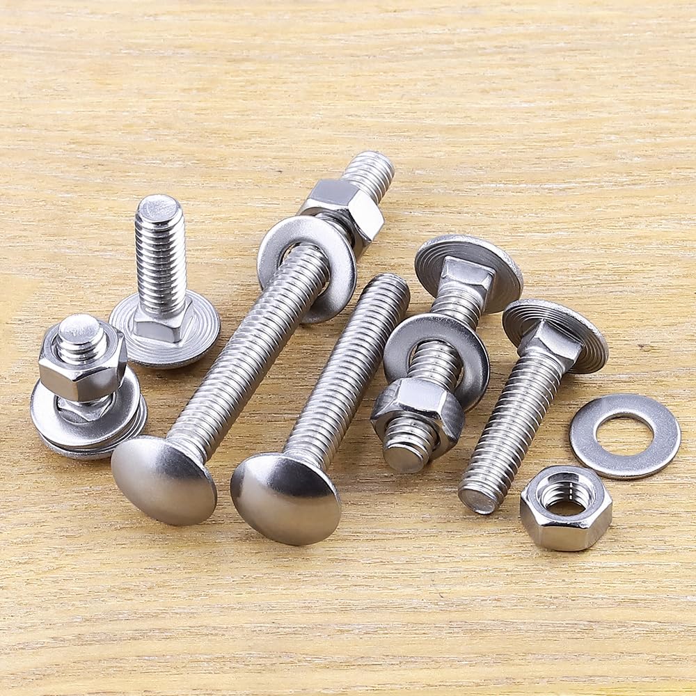1/2-13 x 1-1/2" Carriage Bolts Kits, Grade A2-70, 304 Stainless Steel Carriage Screws with Hex Nuts and Washers, Round Head Square Neck, Coarse Thread, 6 Sets