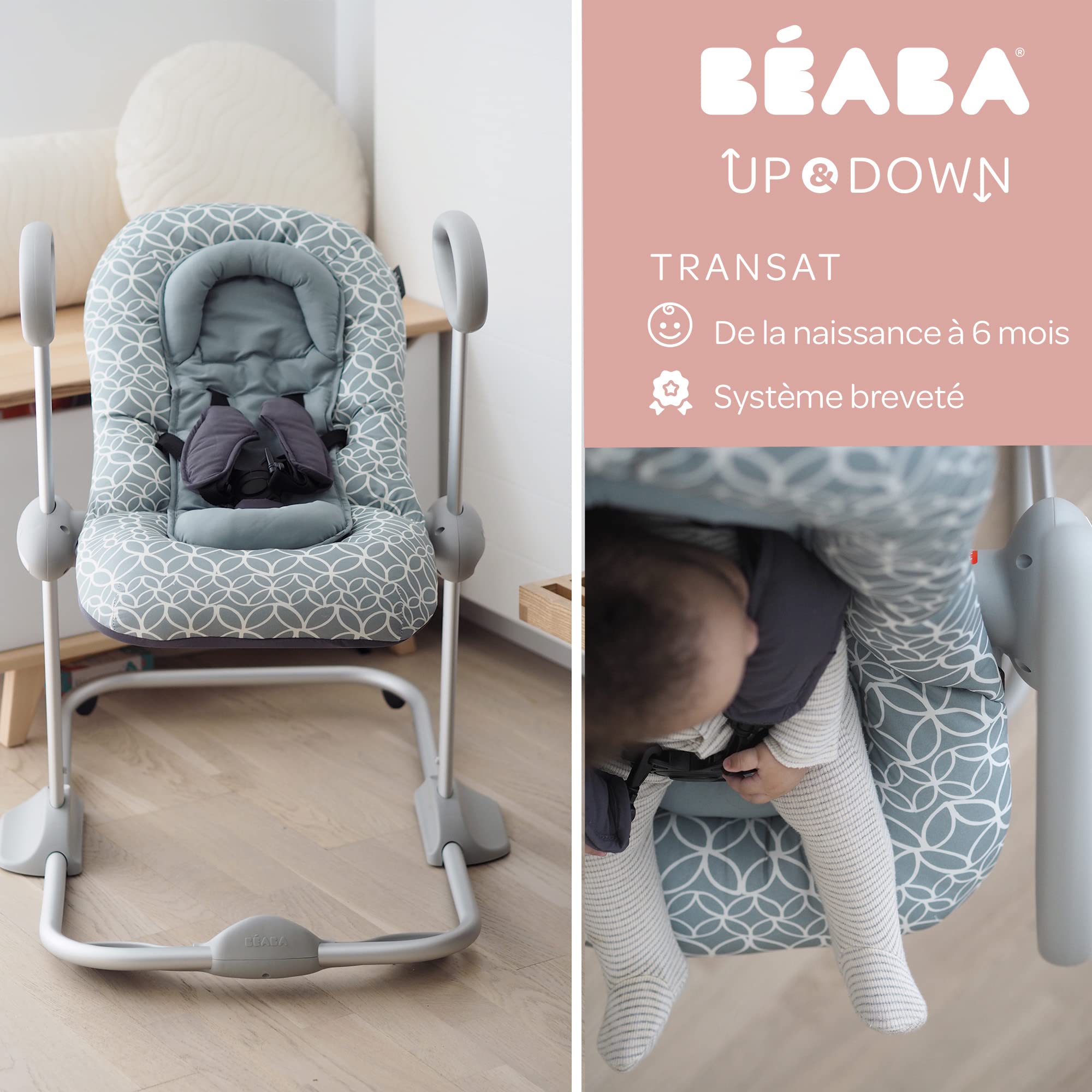 BÉABA, Transat Up & Down IV, Transat Réglable en Hauteur, Unisexe pour Bébé et Enfants, 3 Positions d'Inclinaison, Harnais Sécurité 5 Points, Réducteur de Naissance, Leaves