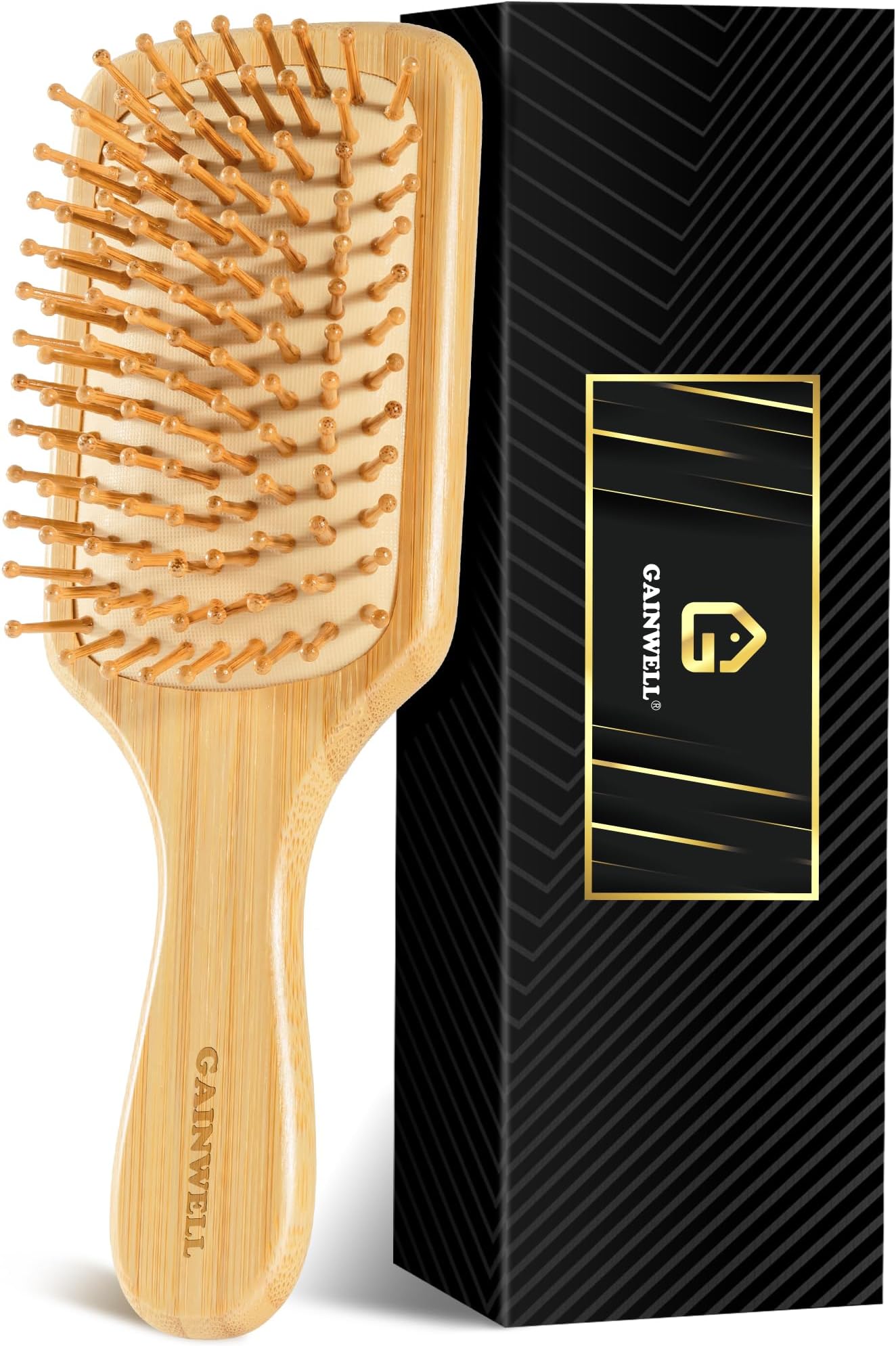 GAINWELL Bamboo Hair Brush for Hair Growth, Natural Bamboo Bristles Detangling Square Wooden Paddle Hairbrush for Massaging Scalp, for Women Men and Kids, for All Hair Types, with Ergonomic Handle