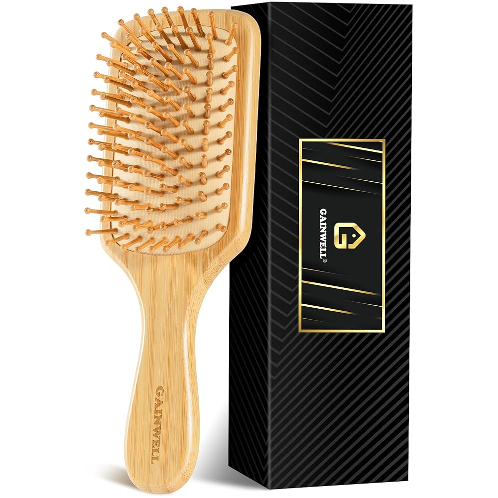 GAINWELL Bamboo Hair Brush for Hair Growth, Natural Bamboo Bristles Detangling Square Wooden Paddle Hairbrush for Massaging Scalp, for Women Men and Kids, for All Hair Types, with Ergonomic Handle