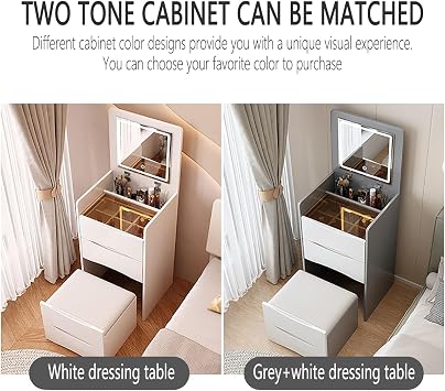 Corner Vanity Desk, 3 in 1 Vanity Desk, Small Vanity with Glass Top, Makeup Dressing Table for Bedroom with Adjustable Lighting, Practical and Space Saving A,48x40x82cm