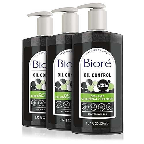 Biore Deep Pore Charcoal Face Wash, limpiador facial diario para eliminación de suciedad y maquillaje, para piel grasa, 6.77 onzas, paquete de 3