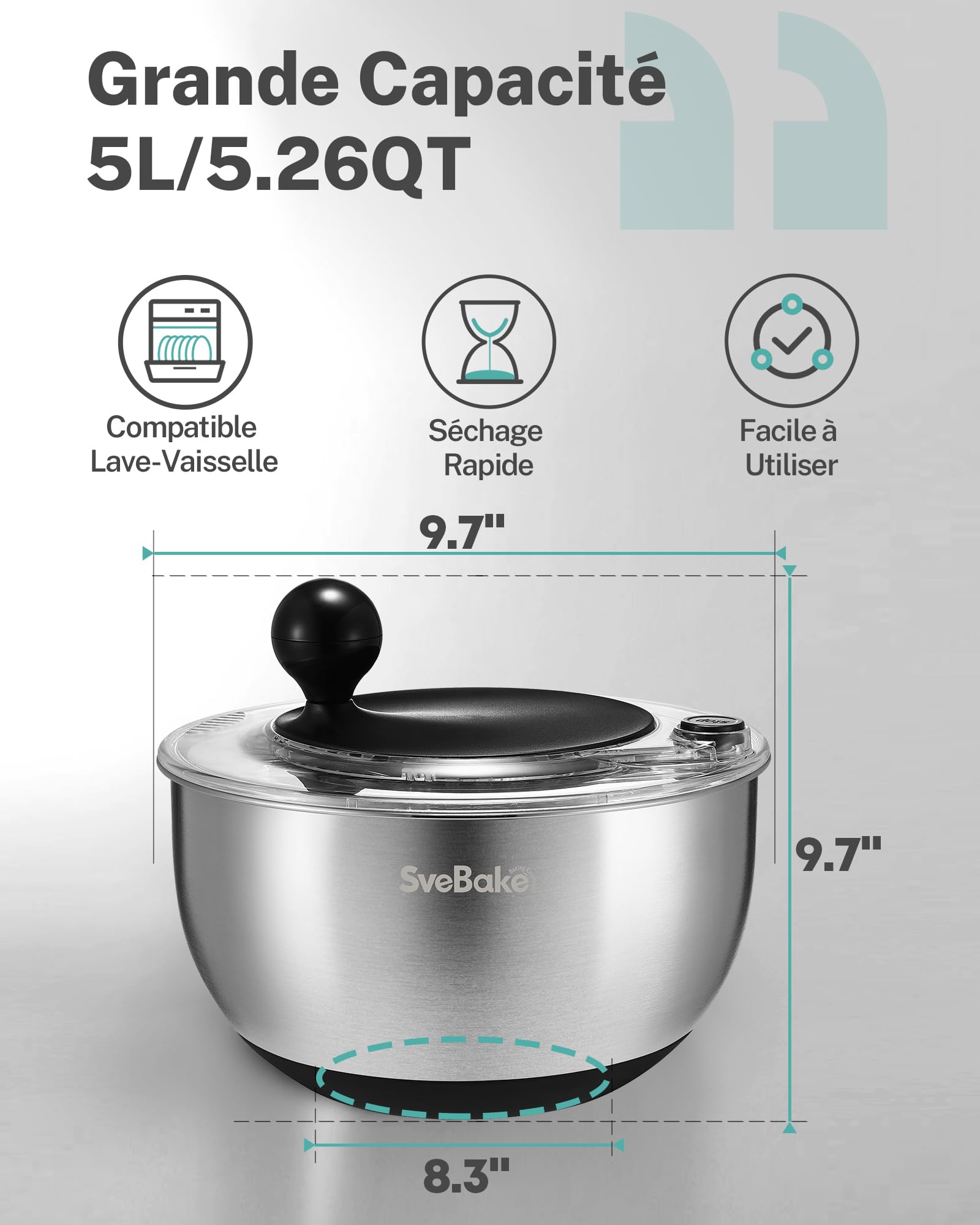 SveBake Essoreuse à Salade en Acier Inoxydable, 5L Spinner à Salade avec Bouton Stop, Base Antidérapante, Passe au Lave-Vaisselle, Sans BPA
