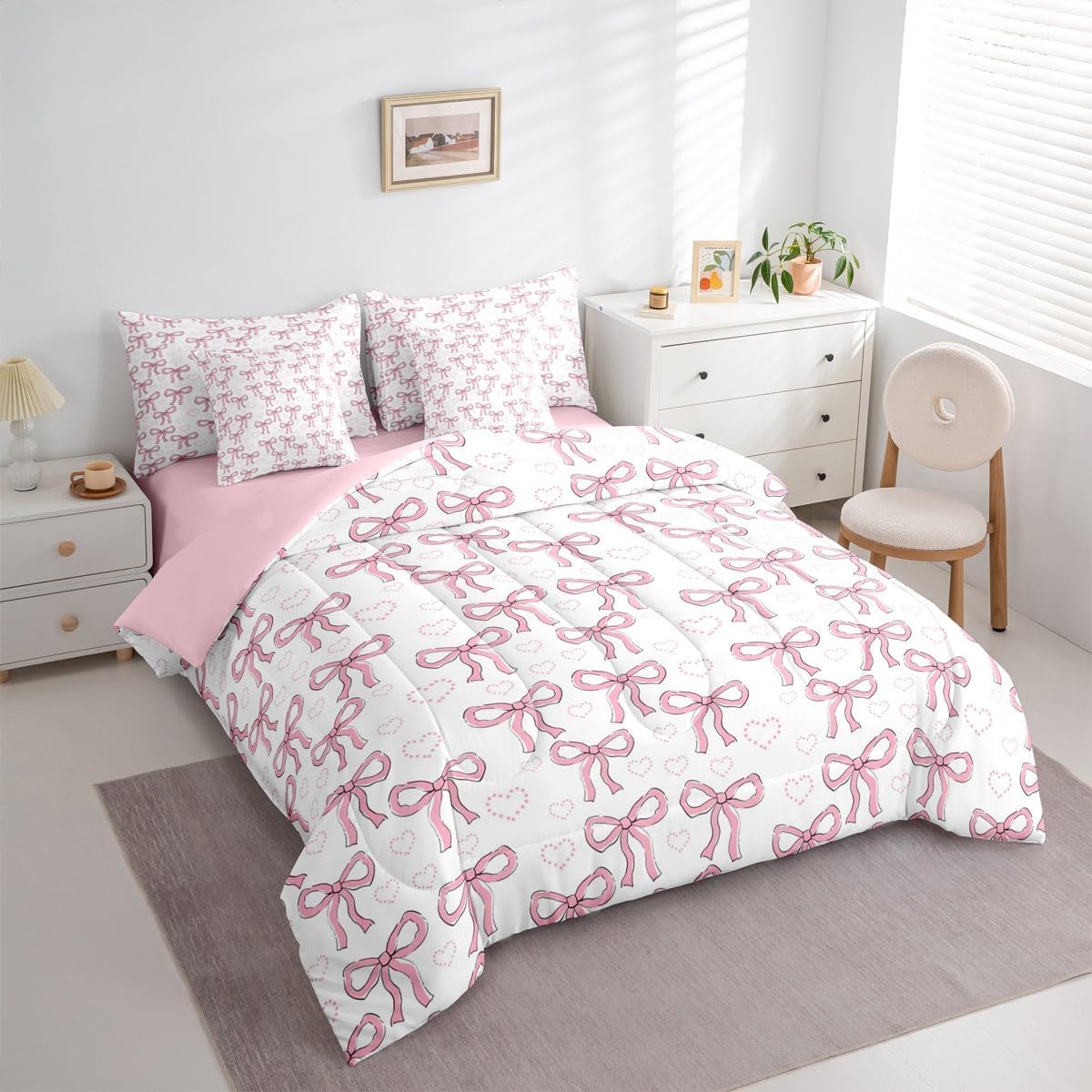 jejeloiu Bowknot Comforter Set Full Size 7 Pieces Pink Bow Bedding Set for Kids Boys Girls Bow-tie Bed in a Bag with Comforter, Sheets, Pillowcases, Cushion Covers Butterfly Bowknot Bedroom Decor
