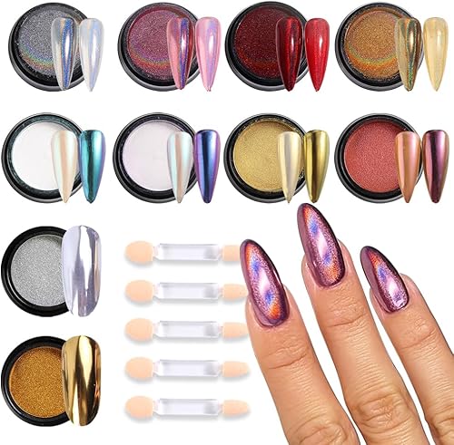 Polvo de uñas cromado camaleón, 10 cajas de polvo cromado Aurora rosa morado, polvo de uñas holográfico dorado y plateado, pigmento espejo metálico