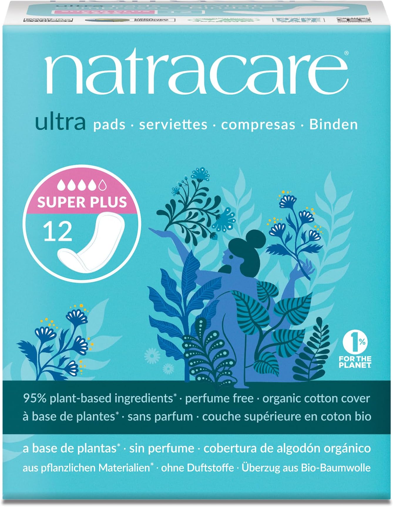 Slim Fitting Ultra Pads with Wings, Super Plus, Made with Certified Organic Cotton, Ecologically Certified Cellulose Pulp and Plant Starch (1 Pack, 12 Pads Total)