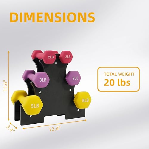 Miniatura 2 de Fitvids Juego de mancuernas con revestimiento de neopreno con estante, juego de pesas de mano gratis para entrenamiento de gimnasio en casa,