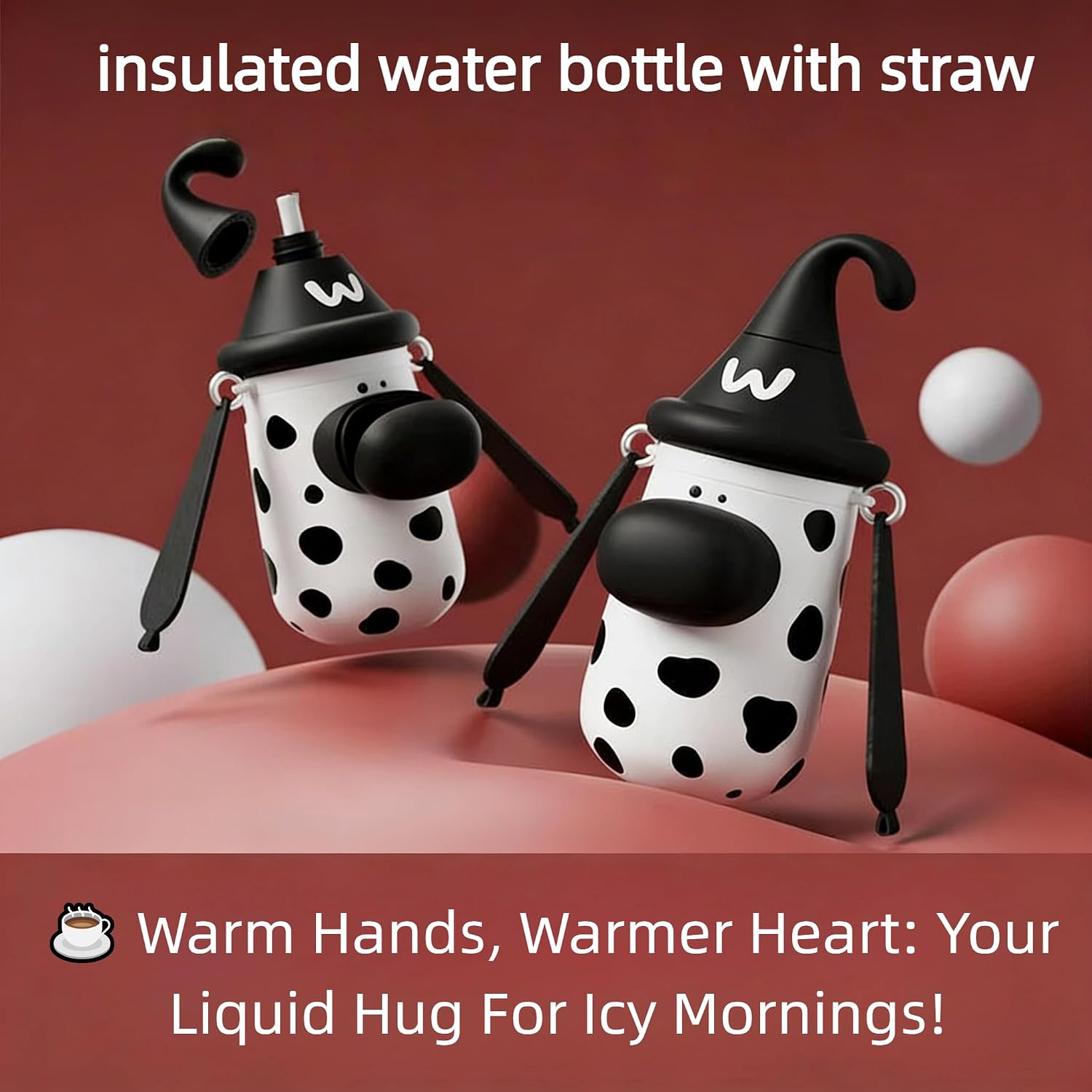 Insulated Water Bottle, 100% Leak-proof Travel Mug | w/baldric & Straw|Silicone Sleeve for Durability | 316 stainless steel cup body | 3-In-1 Lid | Reusable Coffee Travel Mug. (Spotted)