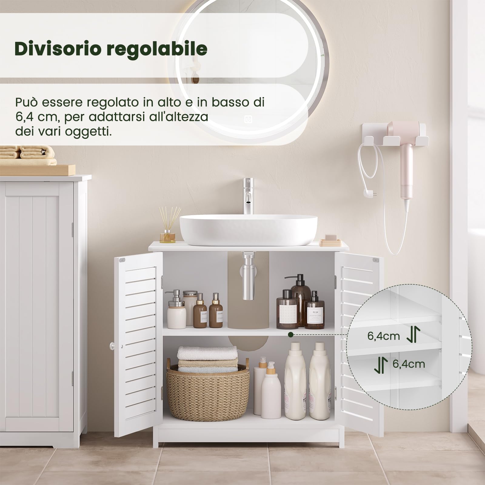 EUGAD Mobiletto Sottolavabo Sottolavello Bianco Armadietto sotto Lavandino per Bagno con Due Ante in Legno