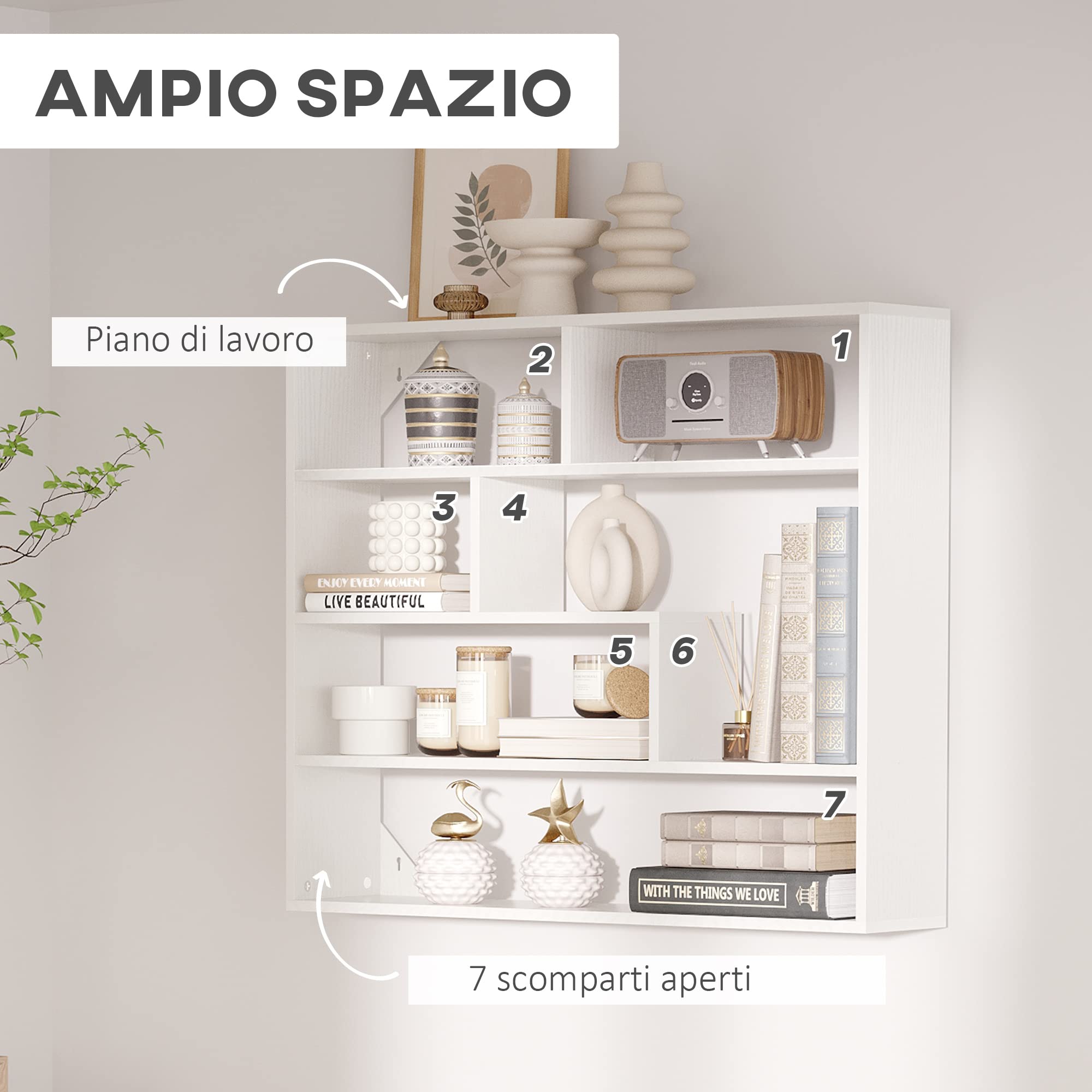 HOMCOM Libreria a Muro Moderna a 4 Livelli, Scaffale in Legno Salvaspazio,Mensola da Muro per Salotto e Ufficio, 94x19.5x80cm, Bianco
