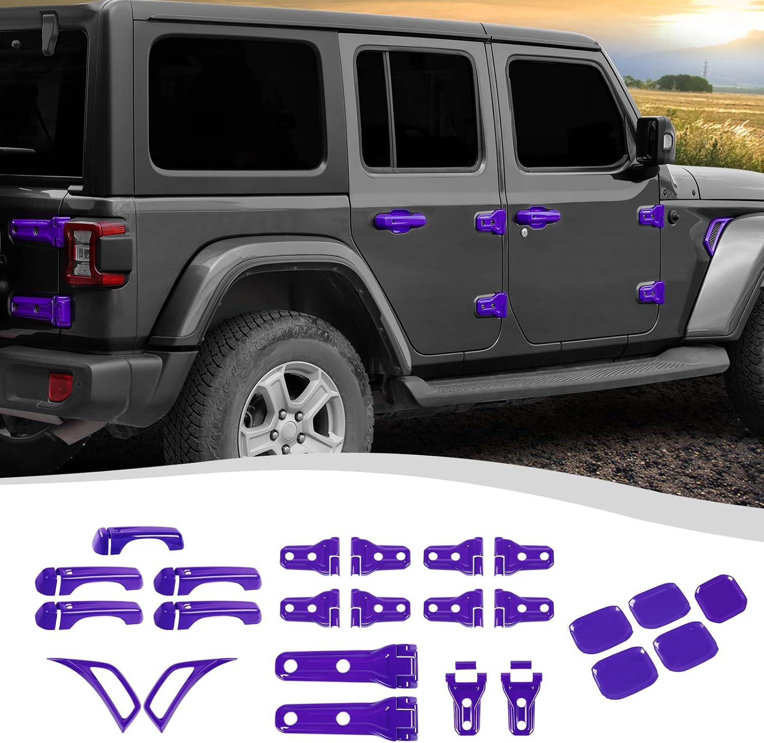 24PCS Full Set Exterior Decoration Trim Kit Fit for 2018-2026 Jeep Wrangler JL JLU 2/4 Doors, Door & Hood Hinge Covers Door Handle Side Vent Tailgate Hinge Cover Trim(Purple)