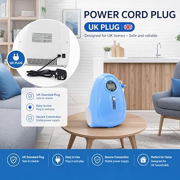 Portable Oxygen Concentrator, 1-5L/min Adjustable Flow Rate, 93% +/- 3% Oxygen Output, Low Noise <43 dB, LED Display, Humidifier Bottle, Nasal Cannula, UK Plug, for Home Use