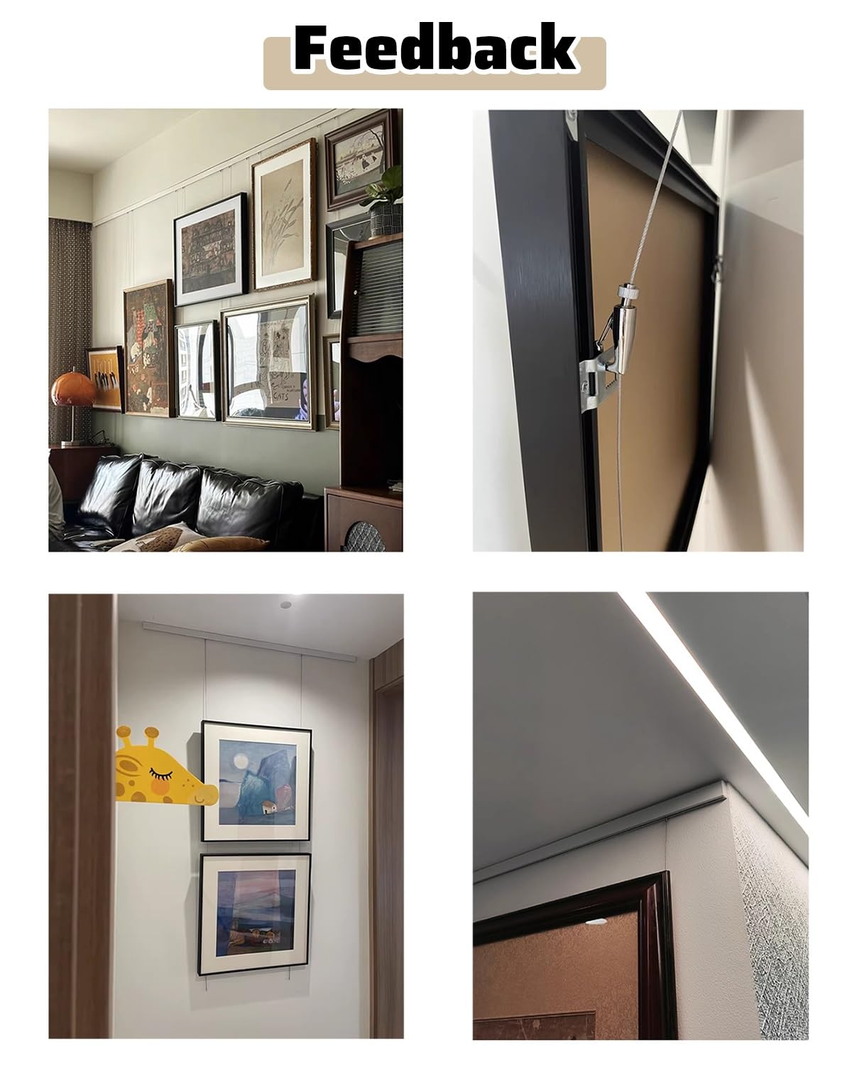 Cimaise pour Tableau Kit de Suspension Lourd pour Tableaux avec Anneaux D, Vis et Fil d'Acier, Système Rail Réglable d'Affichage pour Photos Famille, Max 66 Livres(1 m/3.3' cable,1.1 m/3.6' track)