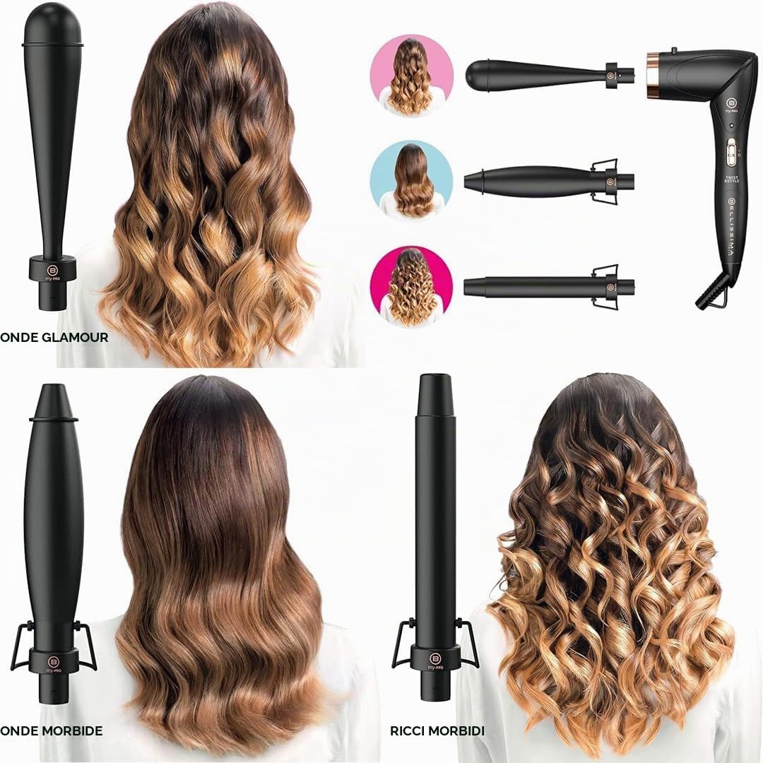 Twist & Style Kit Professionale per Capelli, Bellissima 3 Accessori Intercambiabili, Nero con Dettagli Oro Rosa, Ricci e Onde, 200W, Ceramica, 200°C