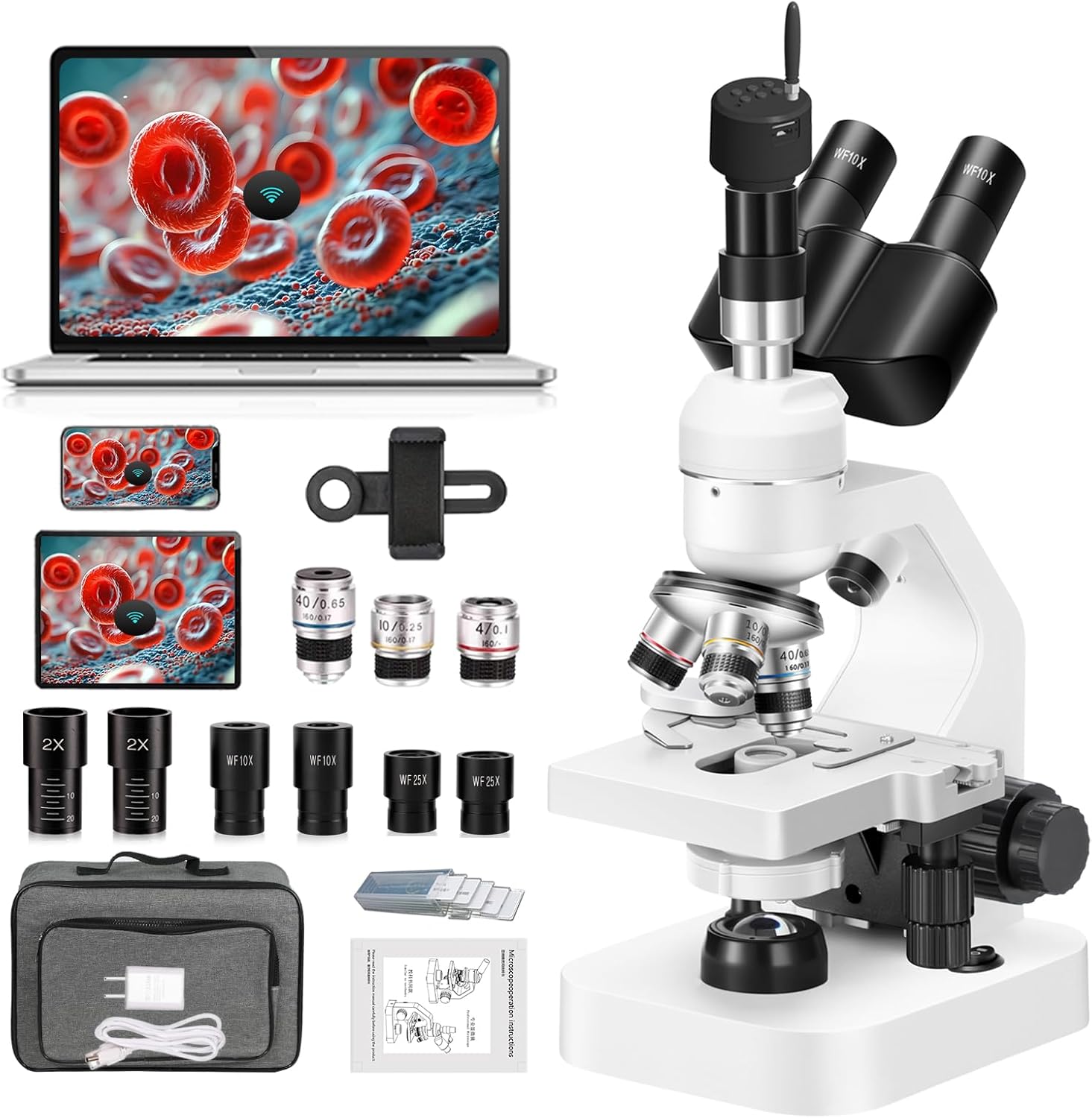 Trinocular Microscope 40x-2000x Magnification Double-Layer Stage with LED Lights on top and Bottom, Thick and Thin Dual Focusing knobs, Professional Biological Microscope (WiFi Electronic Eyepiece)