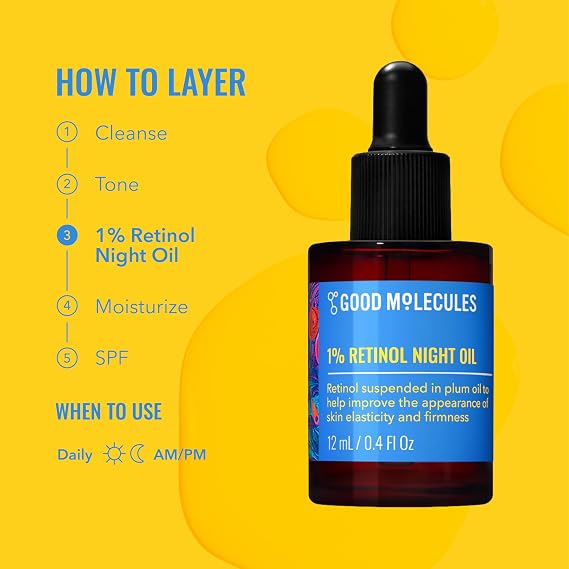 Good Molecules 1% Retinol Night Oil, Retinol Face Oil with Plum Oil, 12 ml