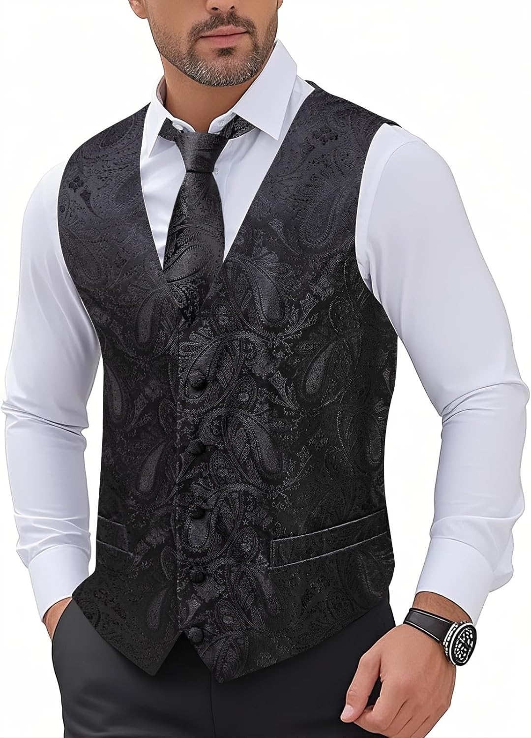 Hi-Tie Men's Suit Vest Business Formal Waistcoat Paisley Jacquard Tie Suit Waistcoat Set for Wedding Party - Image 5