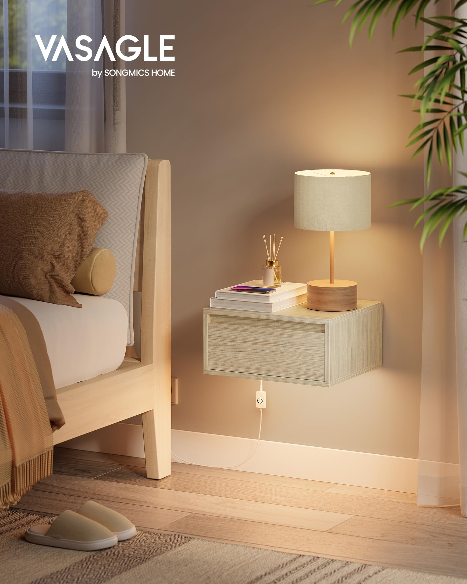 VASAGLE Kailyn Collection - Tables de Chevet Suspendues, Lot de 2, Tables de Nuit, Lumière 3 Couleurs, Étagère Murale Tiroir, 35 x 40 x 18 cm, Style Moderne, Chambre, Salon, Beige Naturel LET854N01