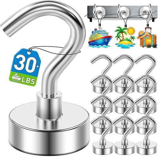 12 Pack Magnetic Hooks for 2026 Cruise Cabins Beach Vacation 30lbs+ Heavy Duty Magnet with Hook Metal Magnetic Hooks for Kitchen Fridge Grills Hanging Magnet Hooks for Classroom Locker Utensil Racks