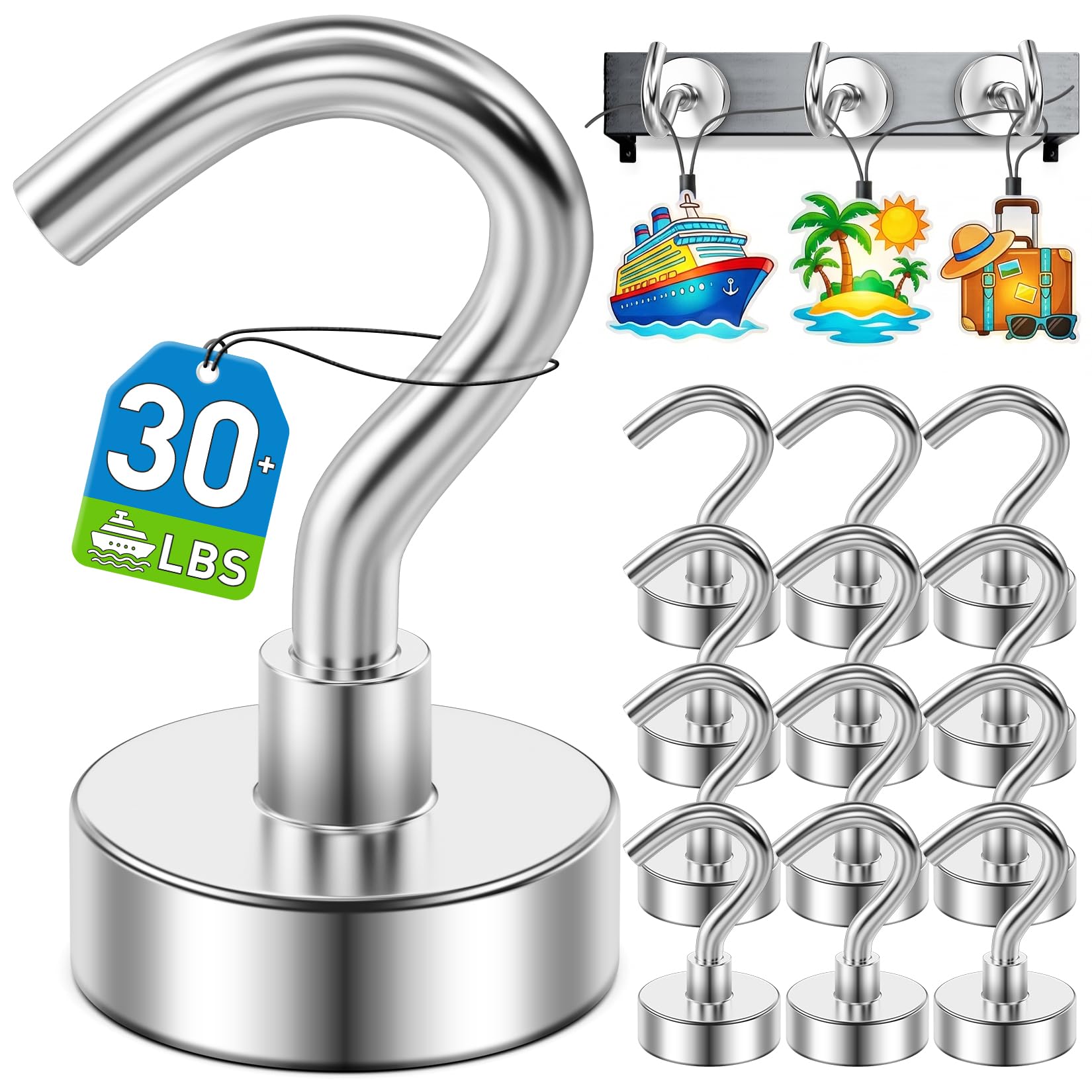 View 1 of 12 Pack Magnetic Hooks for 2026 Cruise Cabins Beach Vacation 30lbs+ Heavy Duty Magnet with Hook Metal Magnetic Hooks for Kitchen Fridge Grills Hanging Magnet Hooks for Classroom Locker Utensil Racks
