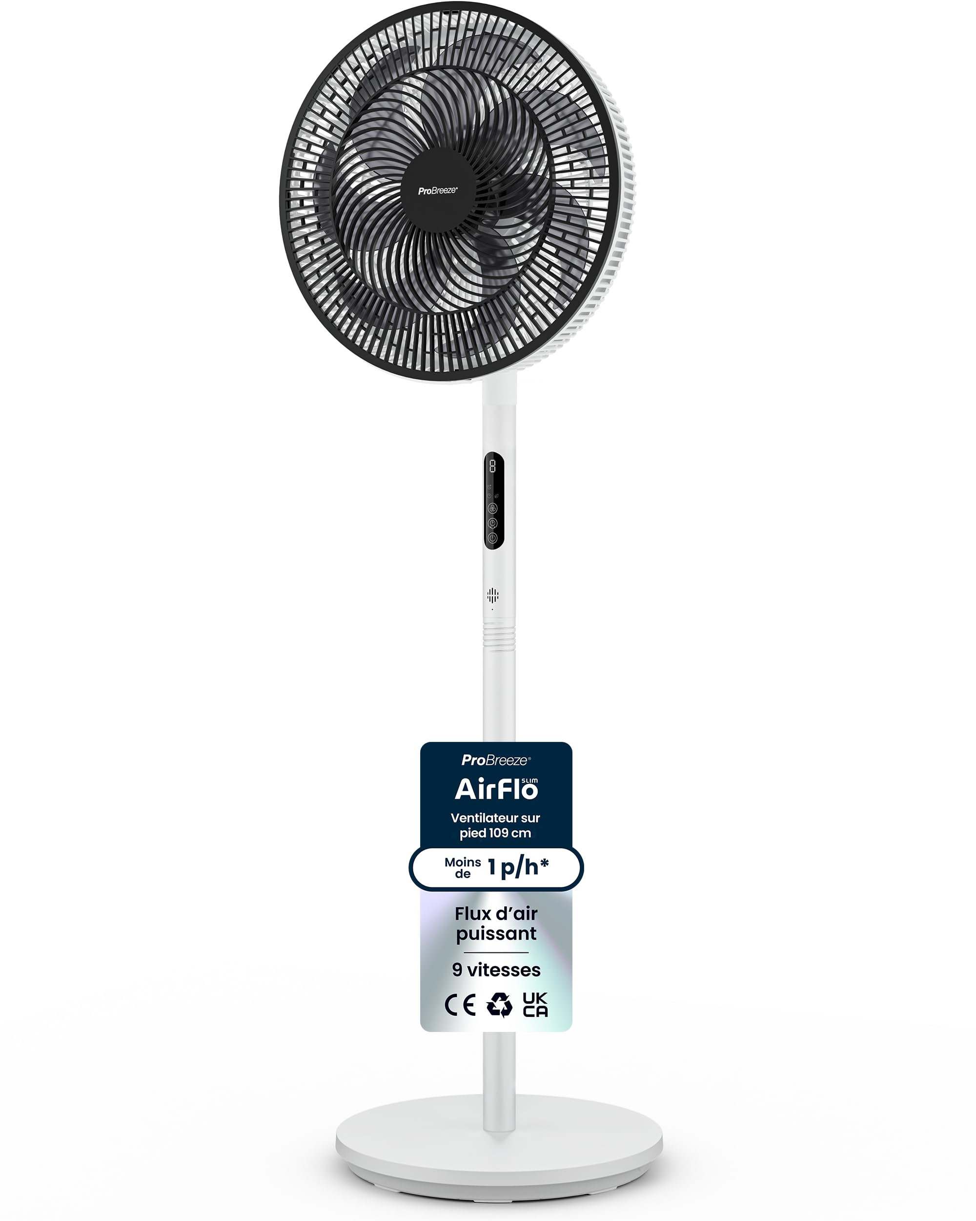 Pro Breeze AirFlo Slim – Ventilateur sur Pied 109 cm Silencieux & Puissant, 9 Vitesses, Oscillation 95°, Hauteur Réglable 70-130 cm, Télécommande, 3 Modes, Basse Consommation, Chambre, Bureau & Salon