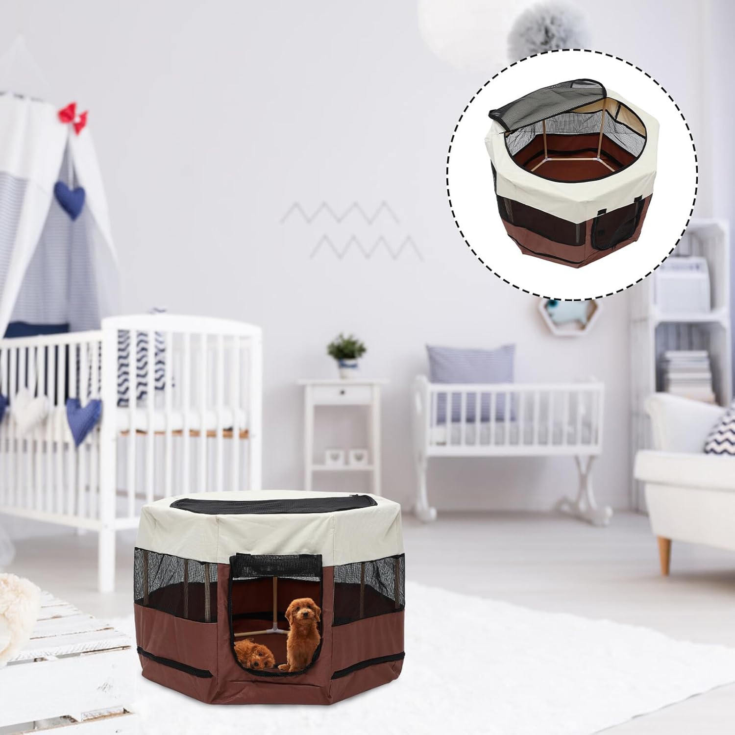 Wakauto Octagonal Pet Playpen with Wooden Frame and Oxford Fabric, 74x74x43cm, Bite-Resistant Dog and Cat Fence for Indoor Use, Puppy Playhouse and Anti-Escape Pet Enclosure