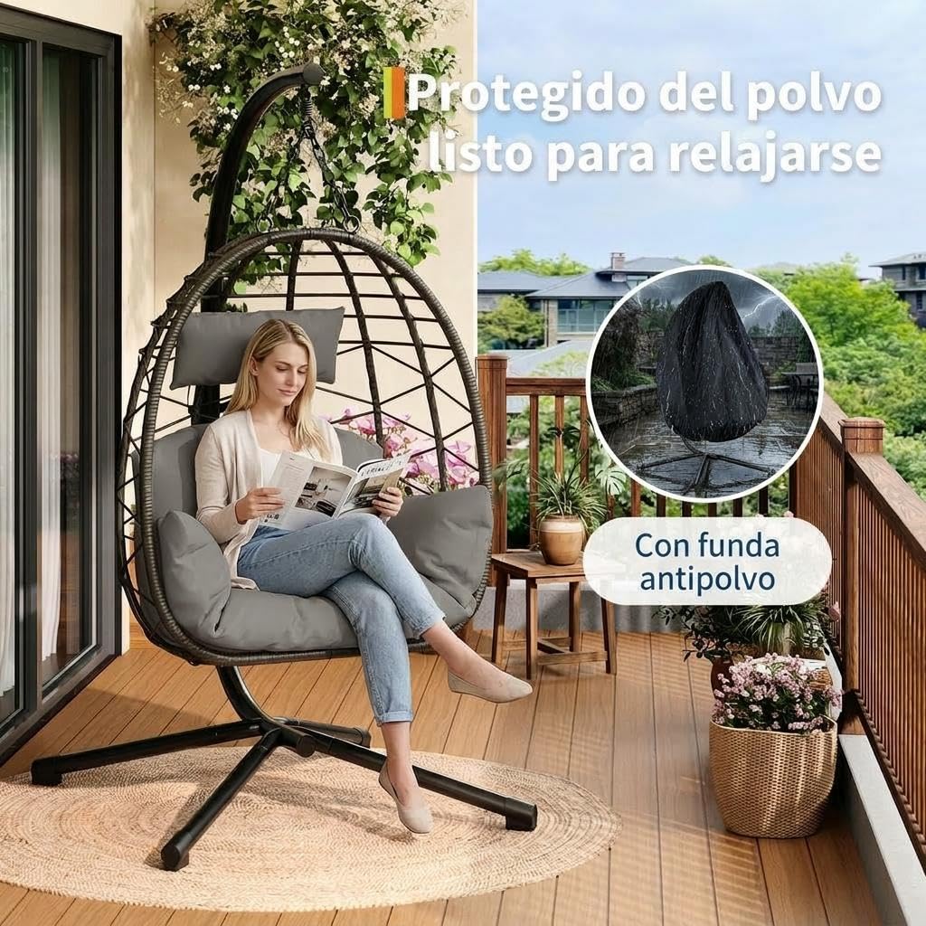 Silla Colgante con Soporte Metálico - Columpio Huevo 150 kg Cojines Incluidos - Estructura Estable para Jardín, Balcón o Patio - Hamaca Colgante Exterior Gris,Gris