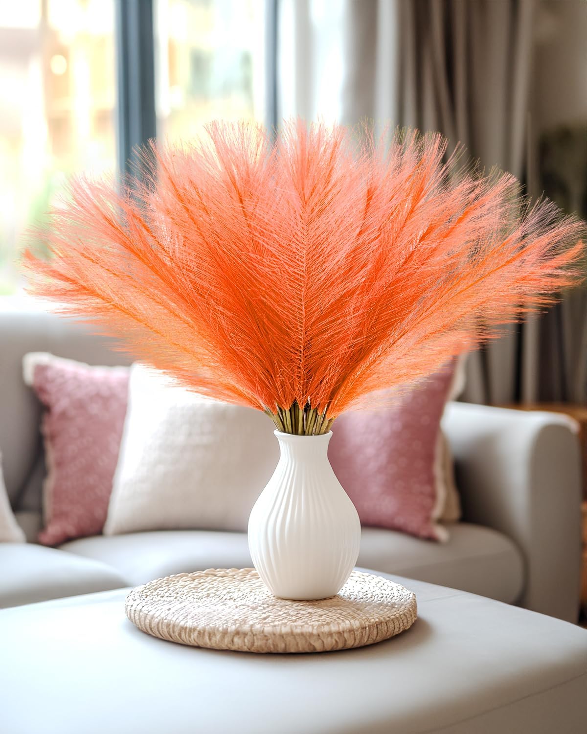 100pcs Orange Faux Pampas Grass Decor, 17.7inch Short Artificial Pompous Grass Fluffy Fall Fake Pompas Grass Branches Vase Filler Flower Arrangement for Home Wedding Boho Centerpieces Decor