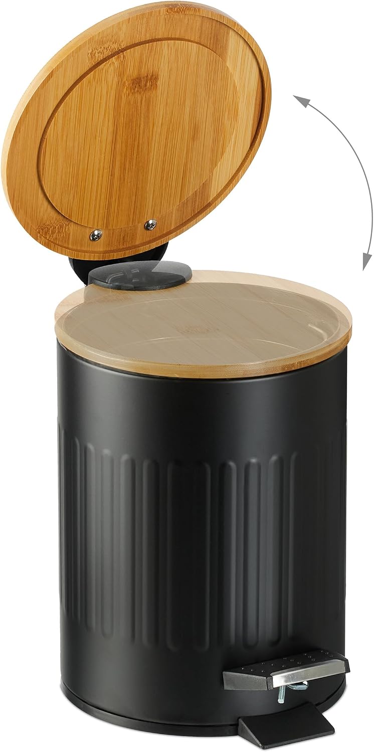 Relaxdays Bathroom Bin, 3 litres, Soft-Close Mechanism, Removable Inner Bin, Cosmetic Bin, Metal, Bamboo Lid, Black