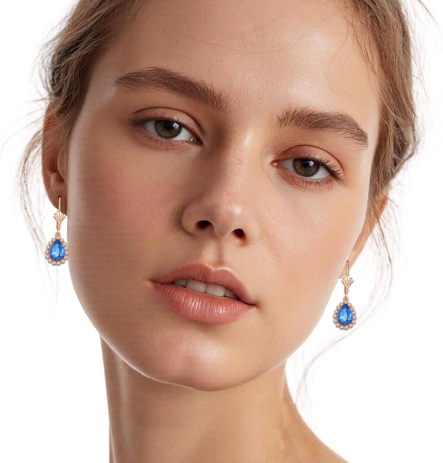 EVEVIC Austrian Crystal Teardrop Leverback Earrings for Women 14K Gold Plated Halo Dangle Drop Earring Jewelry Gifts - Image 2