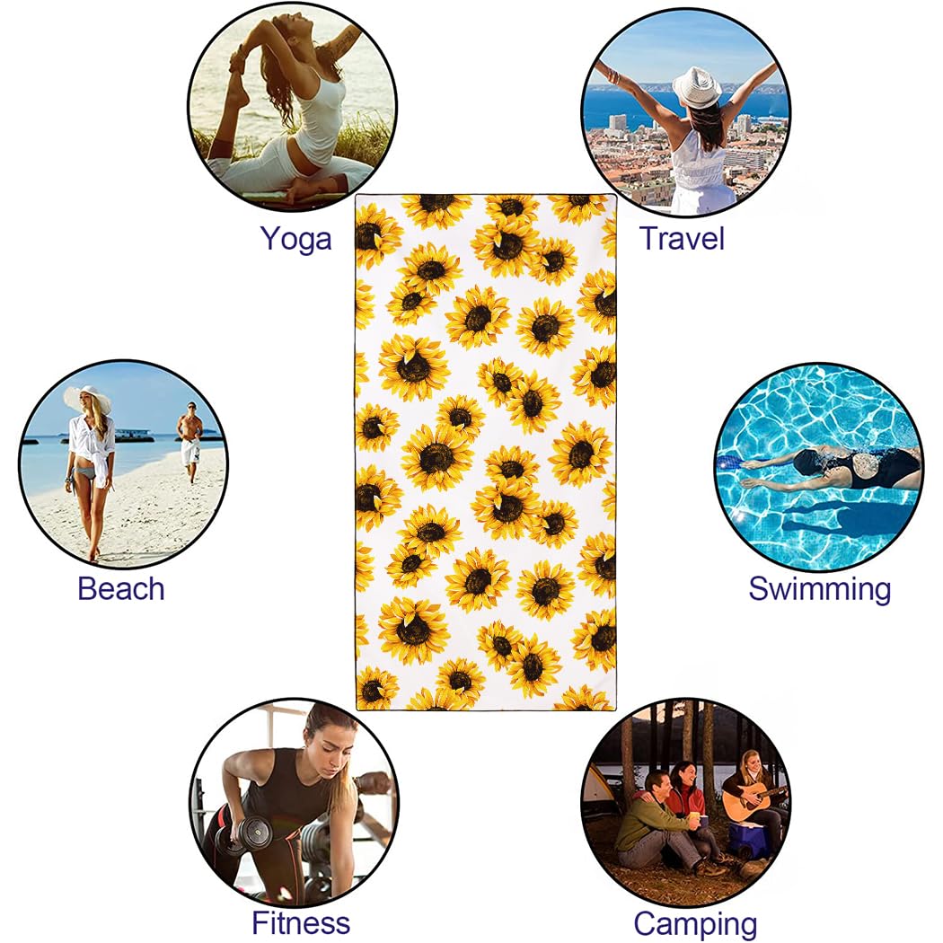 Toalla de playa de girasol de gran tamaño de 36 x 72 pulgadas, secado rápido, sin arena, toallas de baño amarillas para piscina, camping, viajes