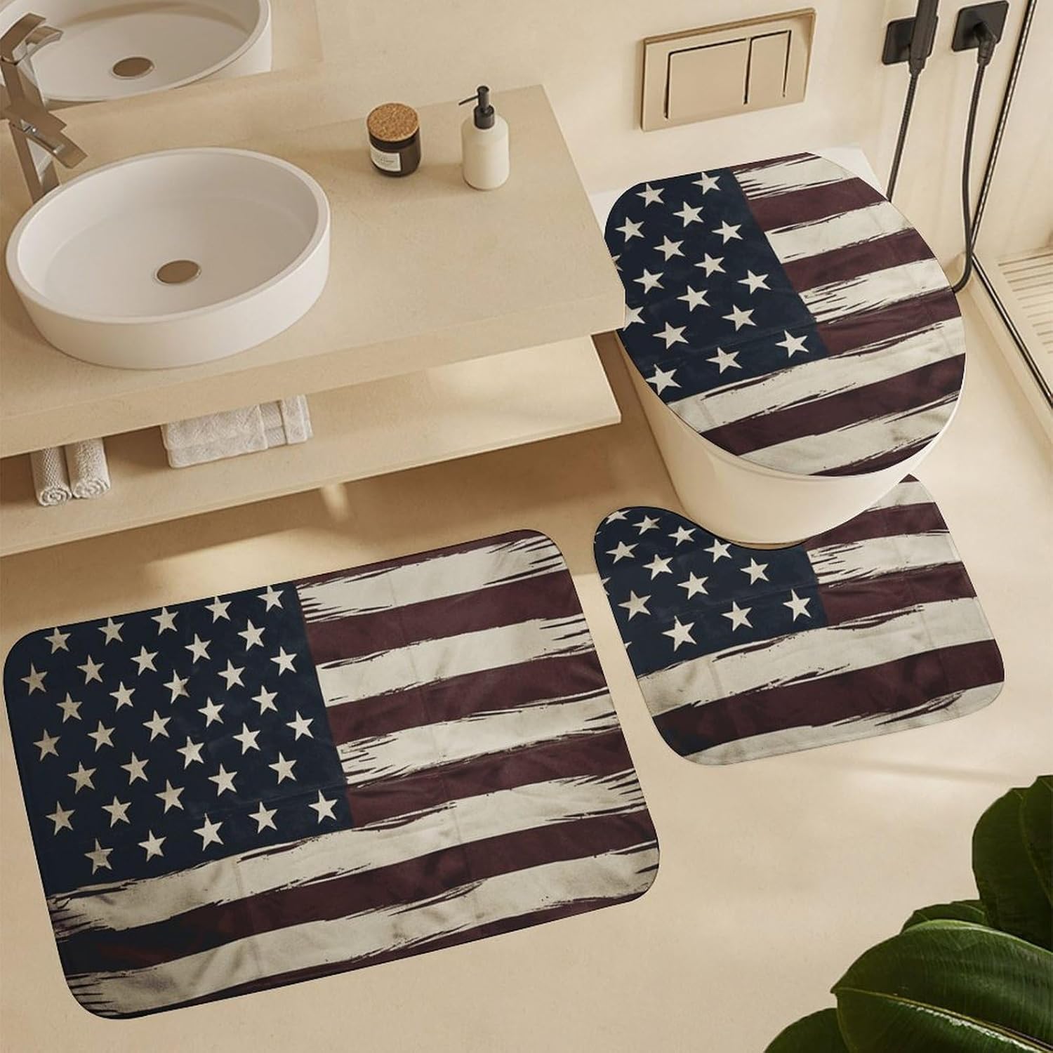 American Flag Shower Curtain Set 4 Piece, Non-Slip Bath Mat with Toilet Lid Cover and Waterproof Shower Curtain with 12 Hooks, Complete Bathroom Set for Home Decor