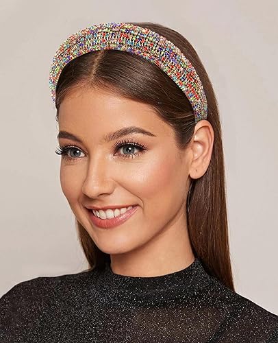 Miniatura 4 de Wecoe 1 diadema negra con diamantes de imitación para mujeres y niñas, diadema gruesa acolchada con purpurina brillante brillante diadema de moda